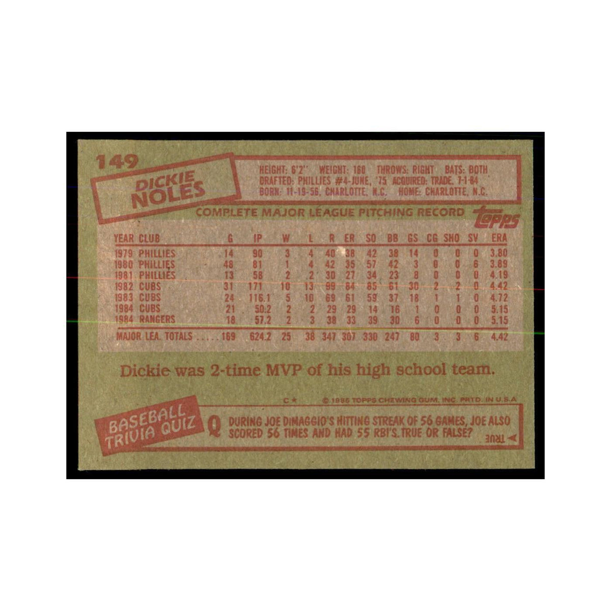 1985 Topps Dickie Noles Rangers #149