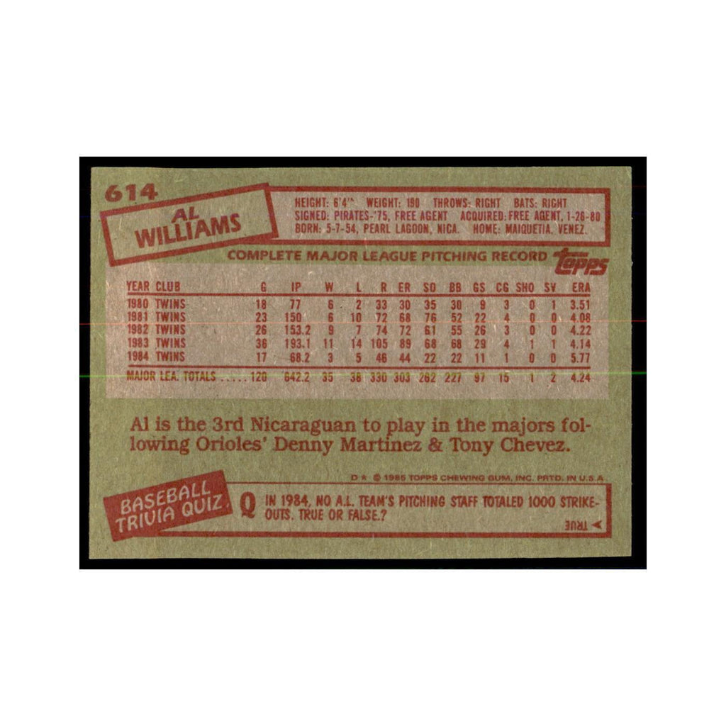 1985 Topps Al Williams Twins #614