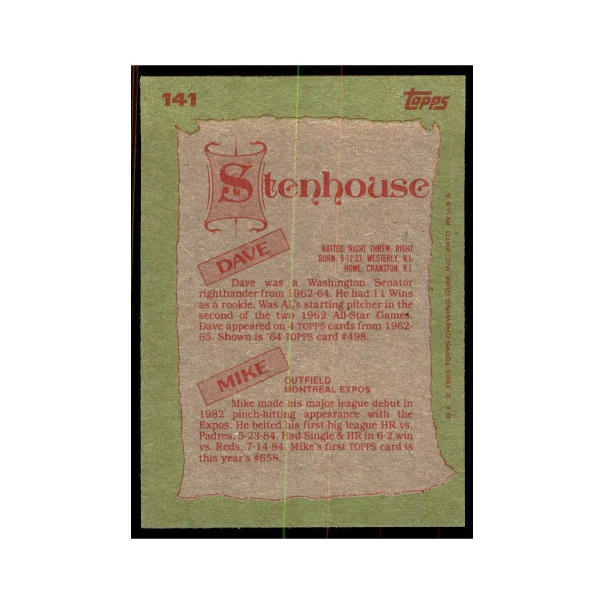 1985 Topps Mike Stenhouse/Dave Stenhouse Washington Senators/Montreal Expos #141