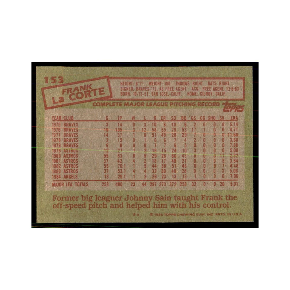 1985 Topps Frank LaCorte Angels #153