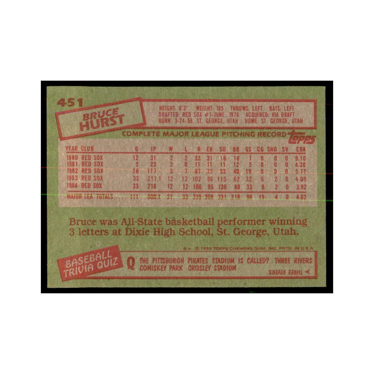 1985 Topps Bruce Hurst Red Sox #451