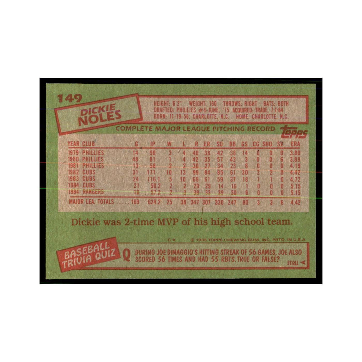 1985 Topps Dickie Noles Rangers #149