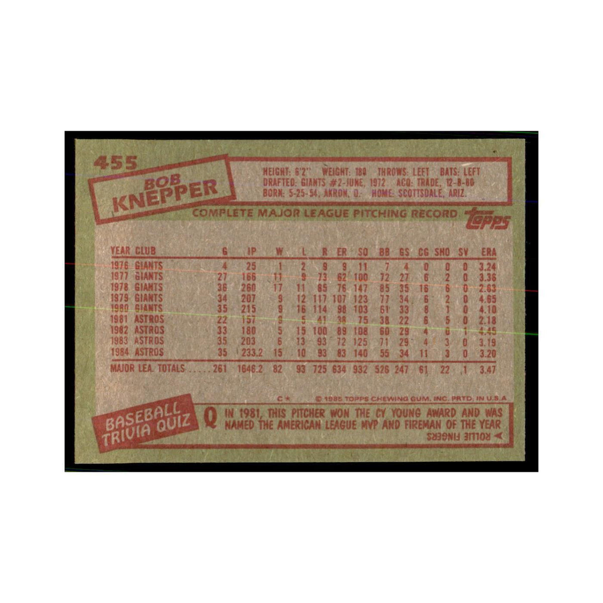 1985 Topps Bob Knepper Astros #455