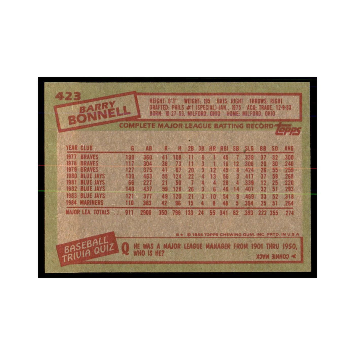 1985 Topps Barry Bonnell Mariners #423