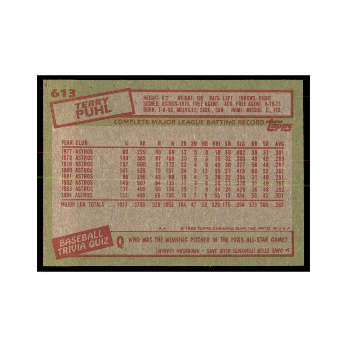 1985 Topps Terry Puhl Astros #613