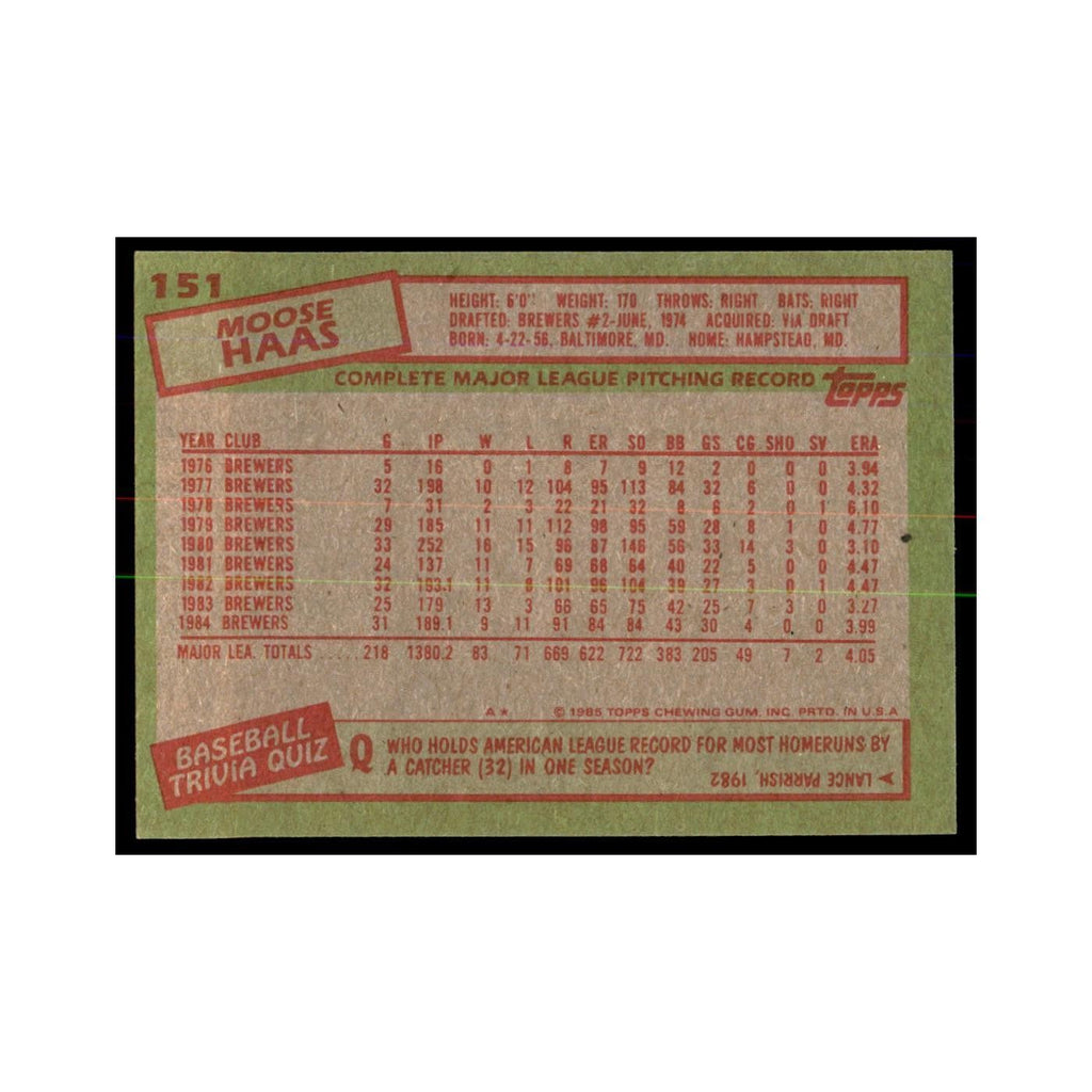 1985 Topps Moose Haas Brewers #151