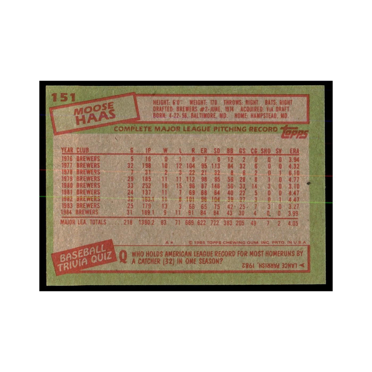 1985 Topps Moose Haas Brewers #151