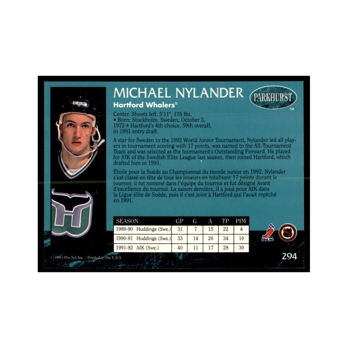 1992 Parkhurst French Michael Nylander Hockey Cards #294