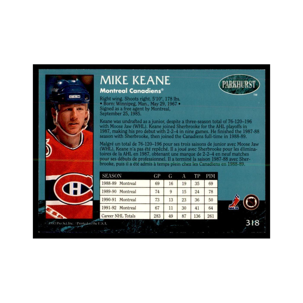 1992 Parkhurst French Mike Keane Hockey Cards #318