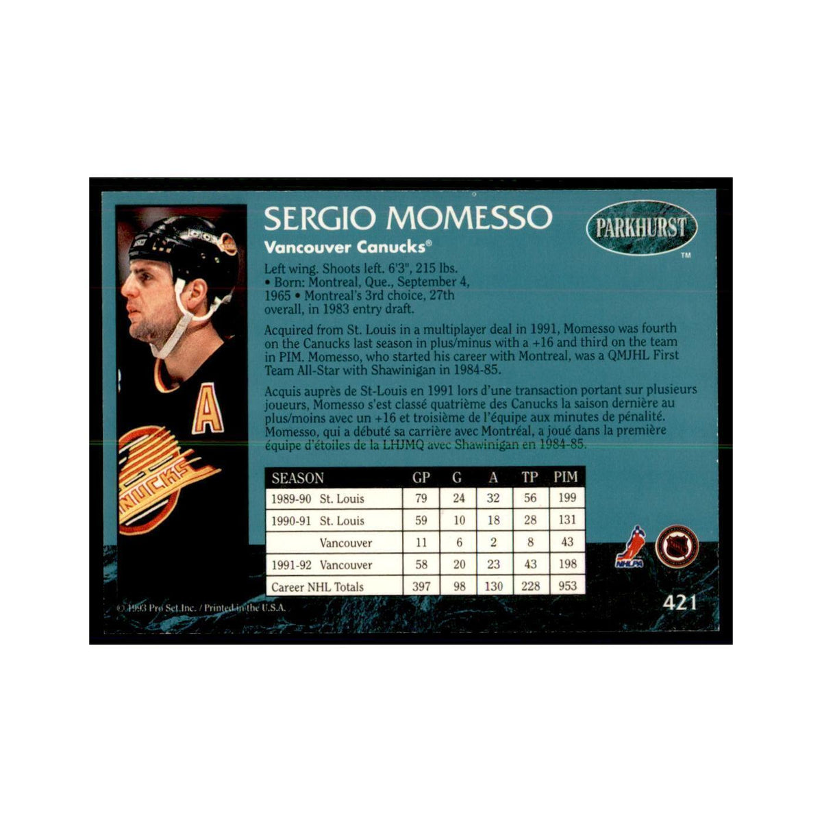 1992 Parkhurst French Sergio Momesso Hockey Cards #421