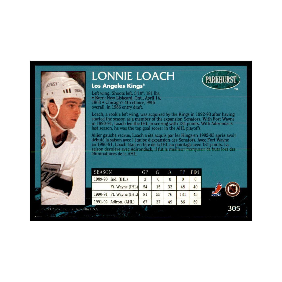 1992 Parkhurst French Lonnie Loach Hockey Cards #305