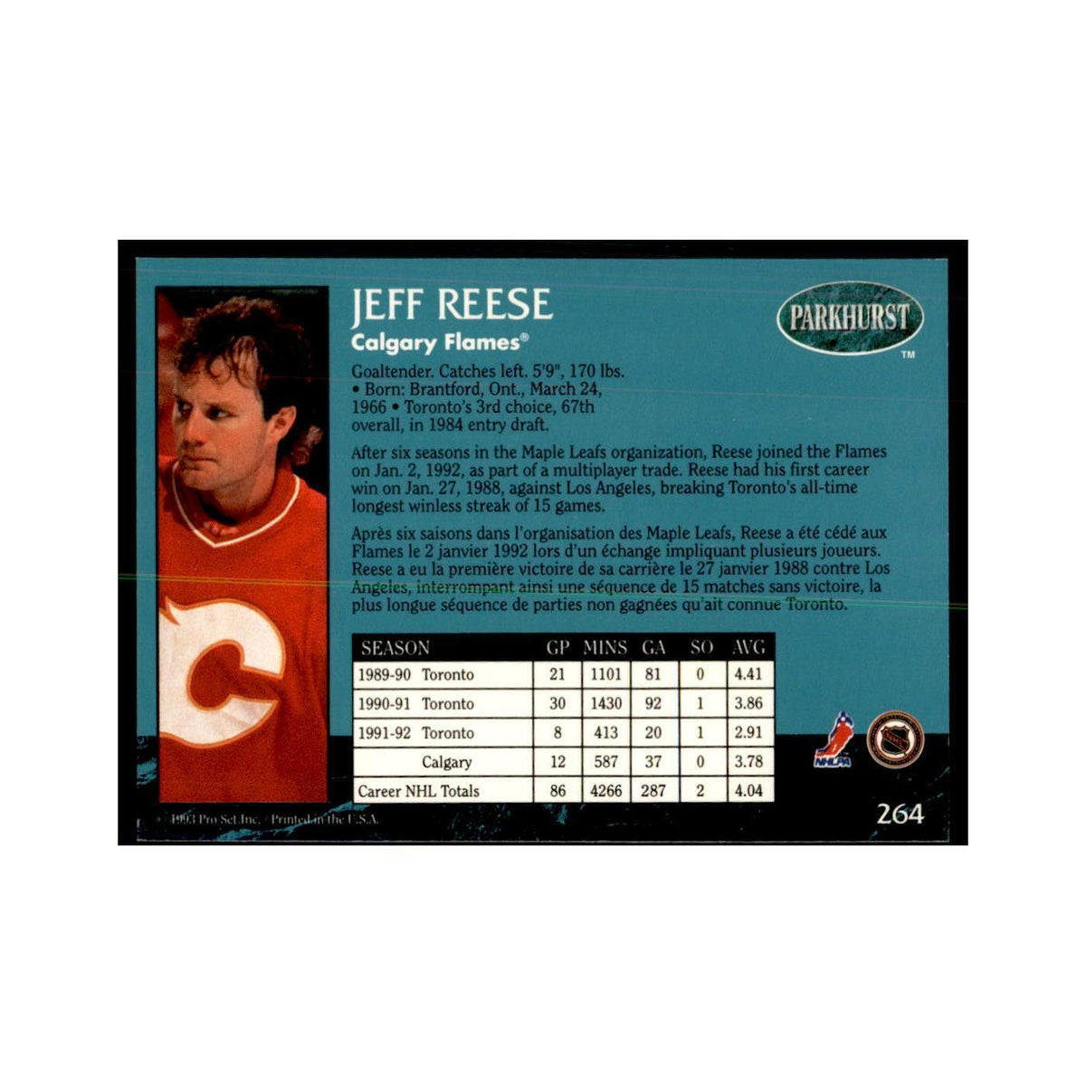 1992 Parkhurst French Jeff Reese Hockey Cards #264