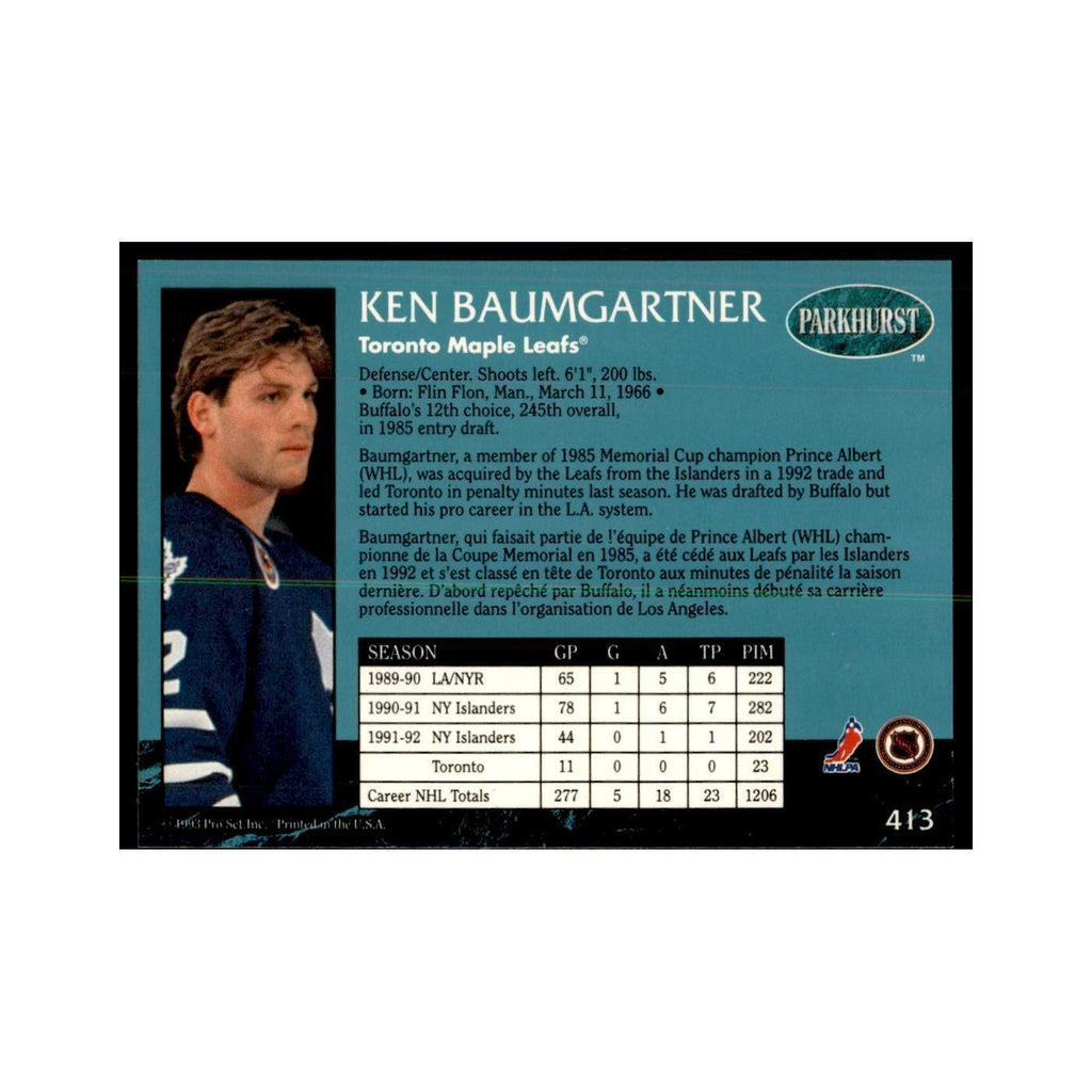1992 Parkhurst French Ken Baumgartner Hockey Cards #413