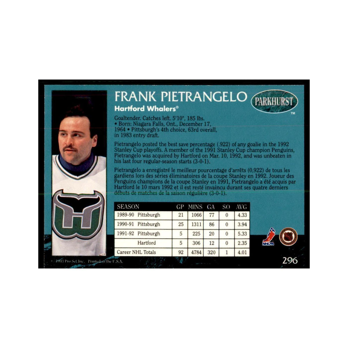 1992 Parkhurst French Frank Pietrangelo Hockey Cards #296