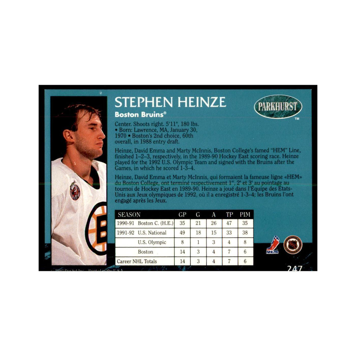 1992 Parkhurst French Steve Heinze Hockey Cards #247