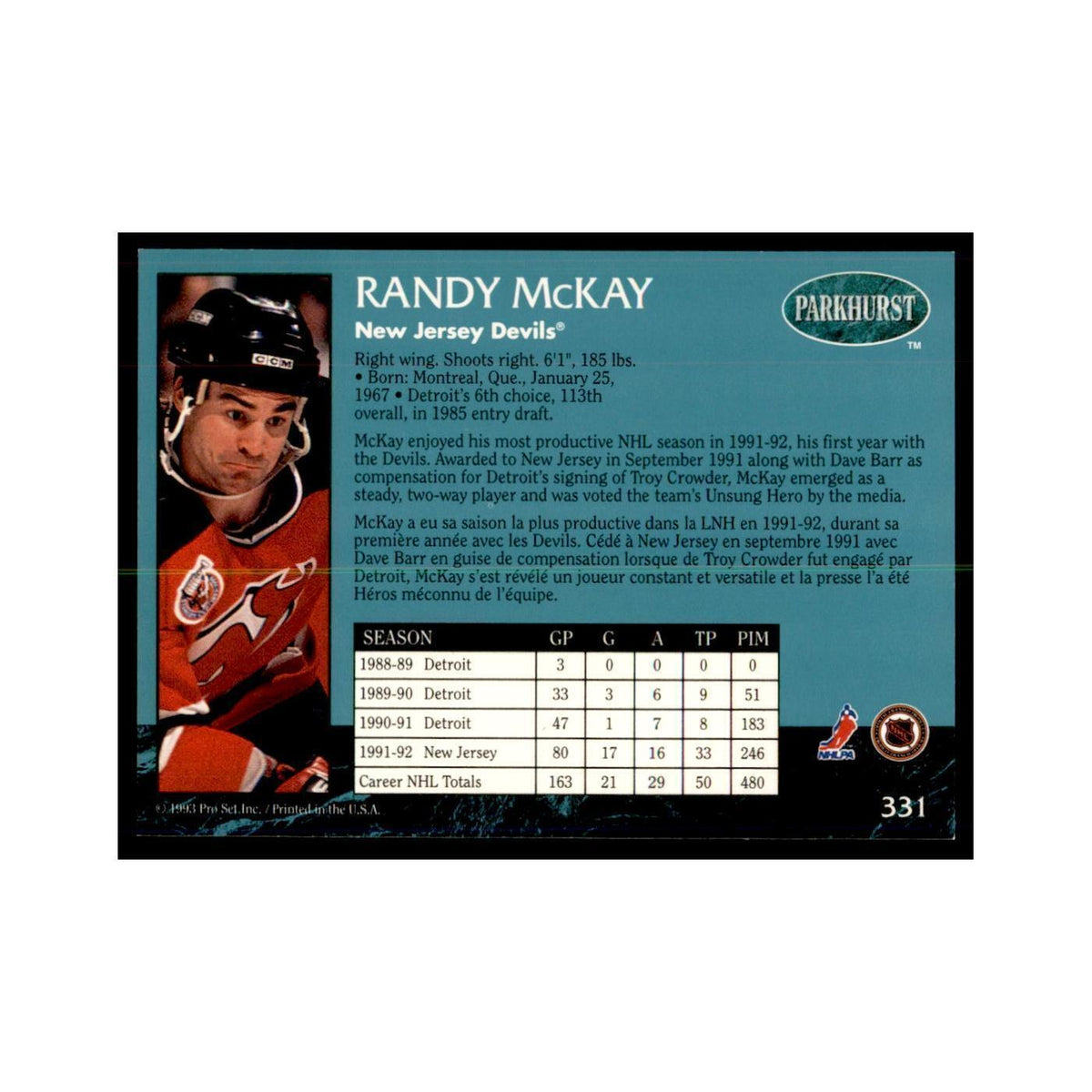 1992 Parkhurst French Randy McKay Hockey Cards #331