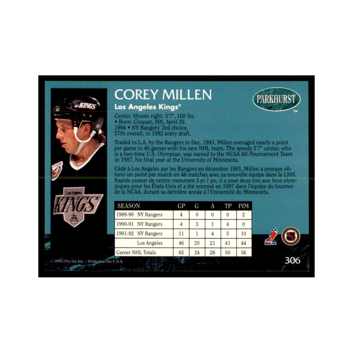 1992 Parkhurst French Corey Millen Hockey Cards #306