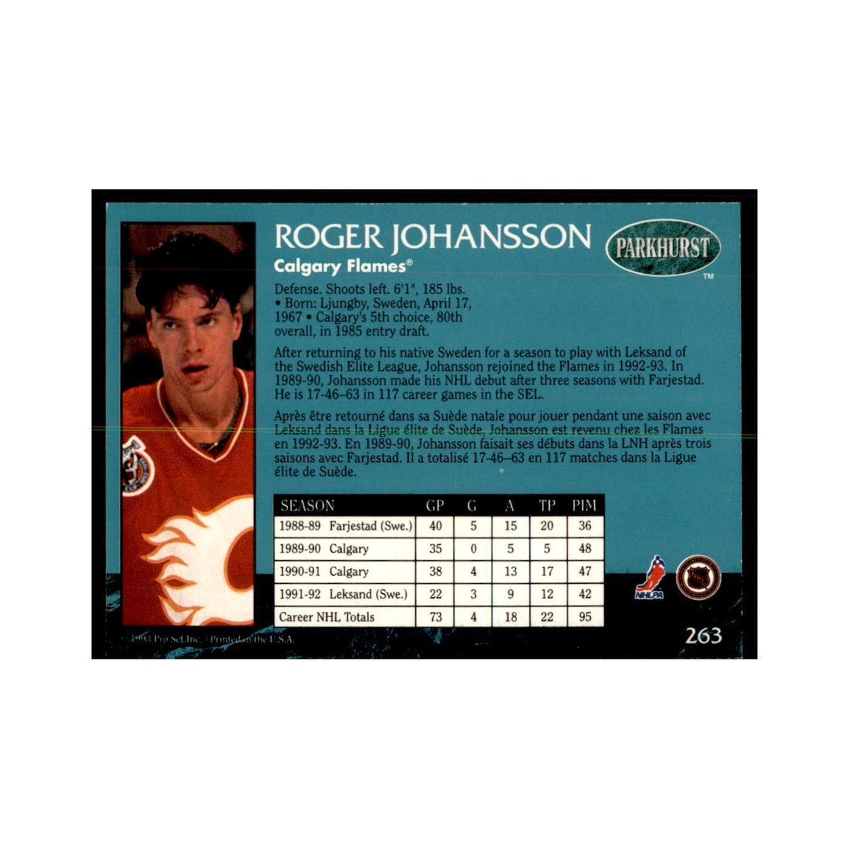 1992 Parkhurst French Roger Johansson Hockey Cards #263