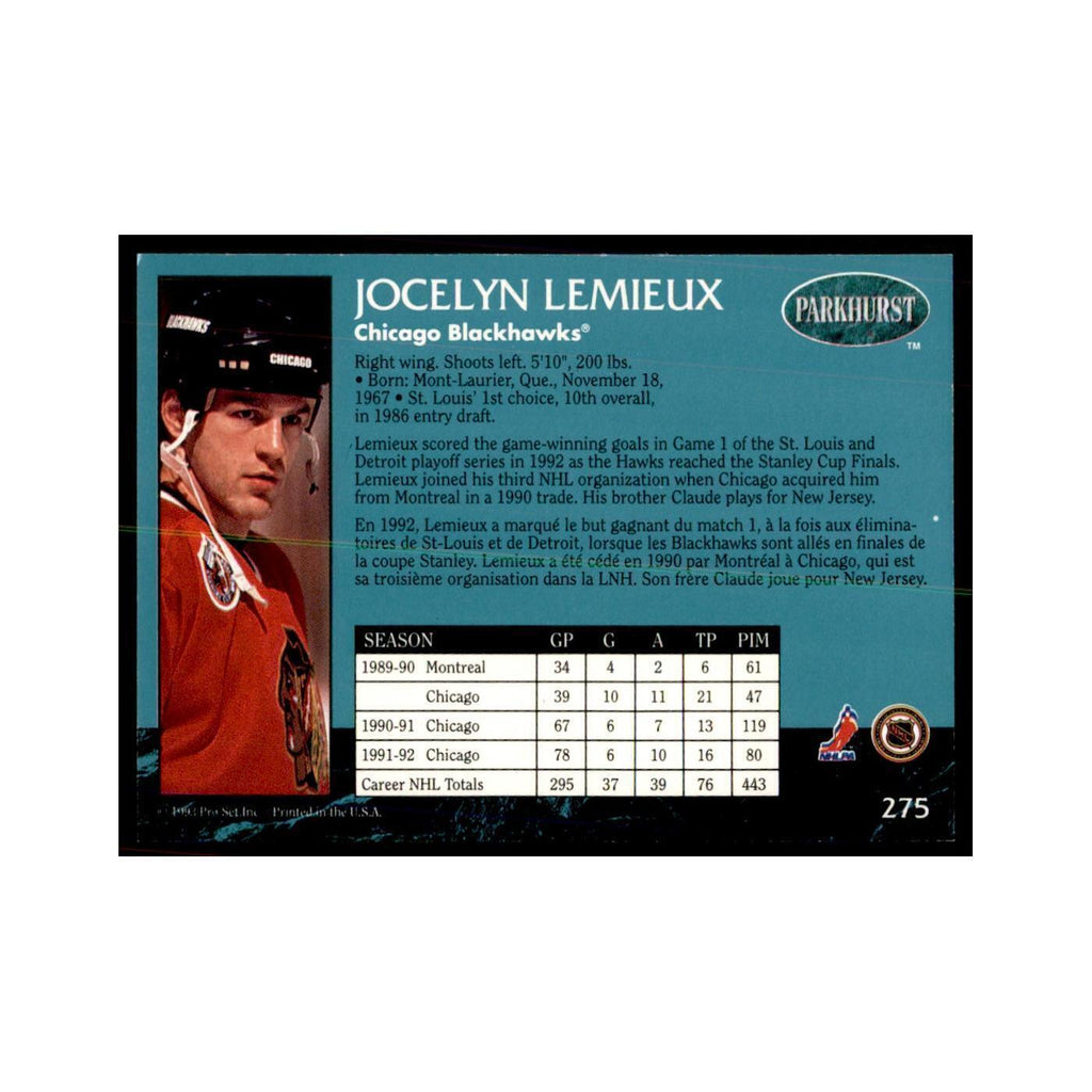 1992 Parkhurst French Jocelyn Lemieux Hockey Cards #275