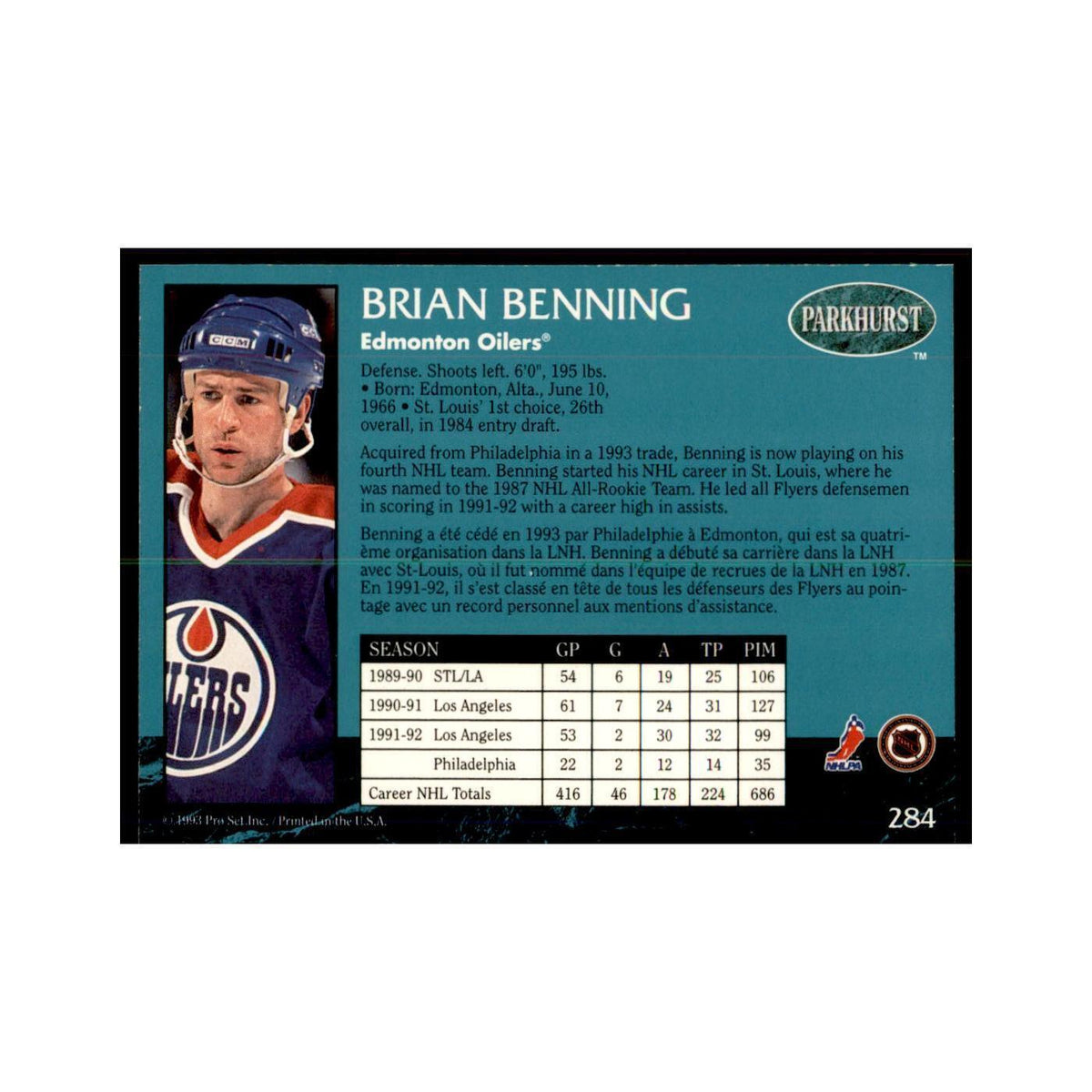1992 Parkhurst French Brian Benning Hockey Cards #284