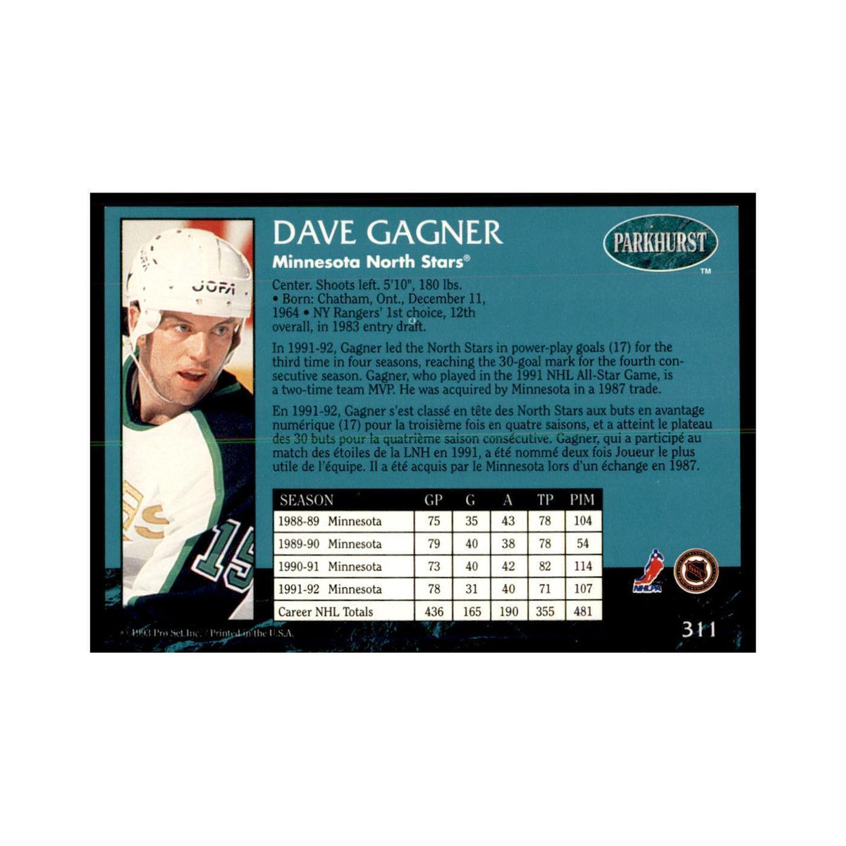 1992 Parkhurst French Dave Gagner Hockey Cards #311