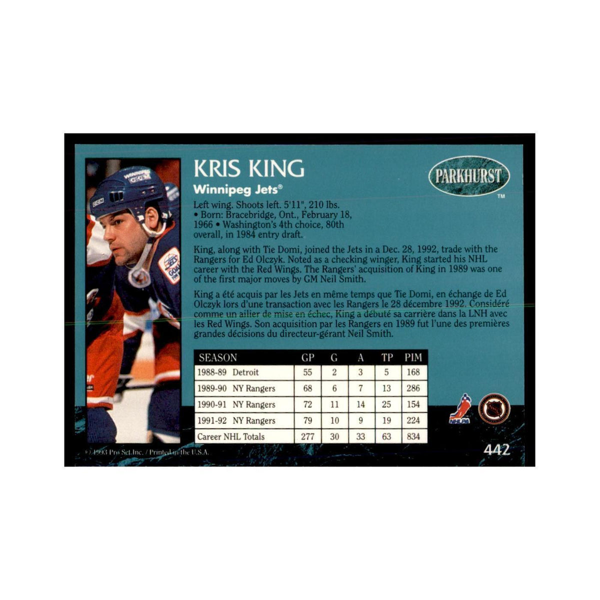 1992 Parkhurst French Kris King Hockey Cards #442