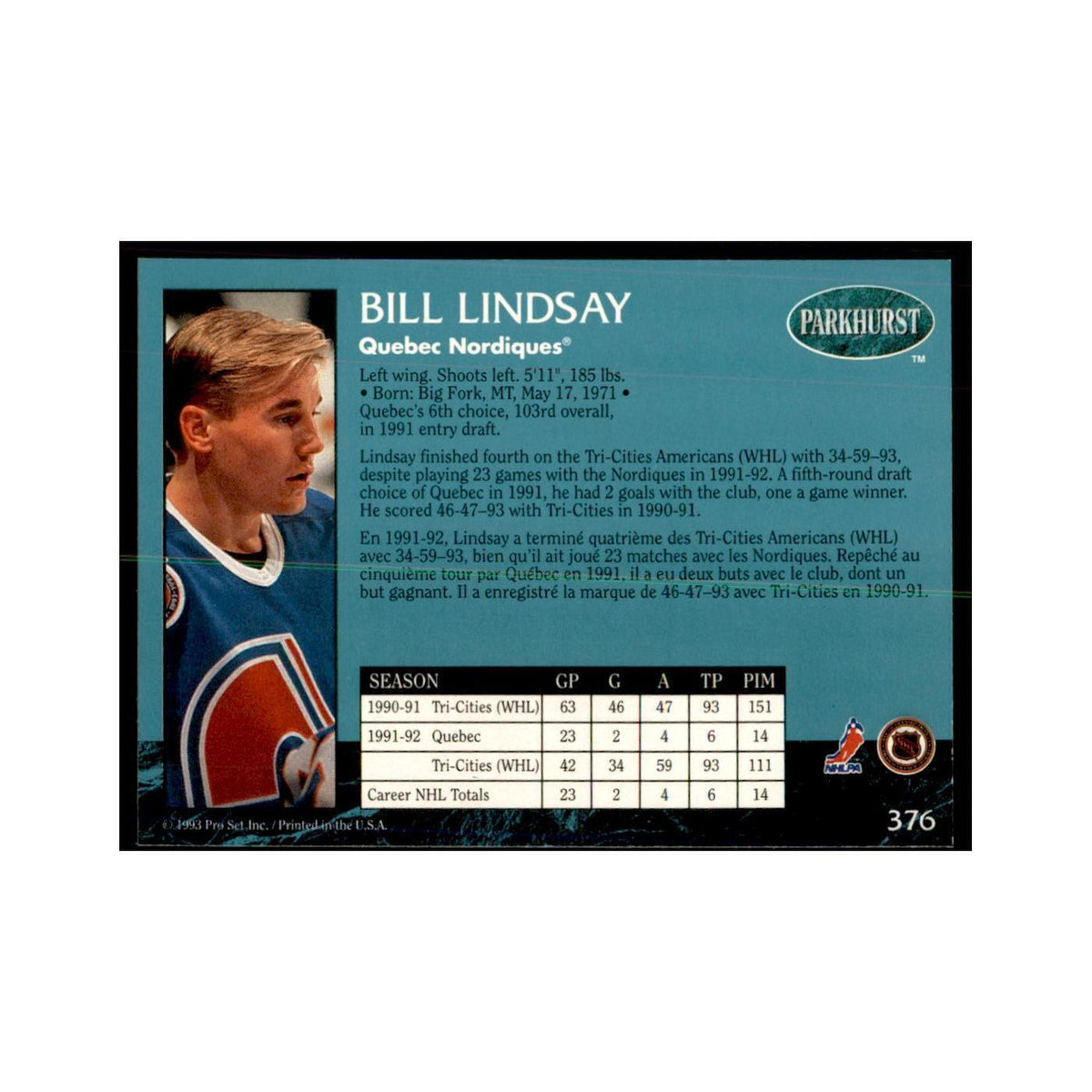 1992 Parkhurst French Bill Lindsay Hockey Cards #376