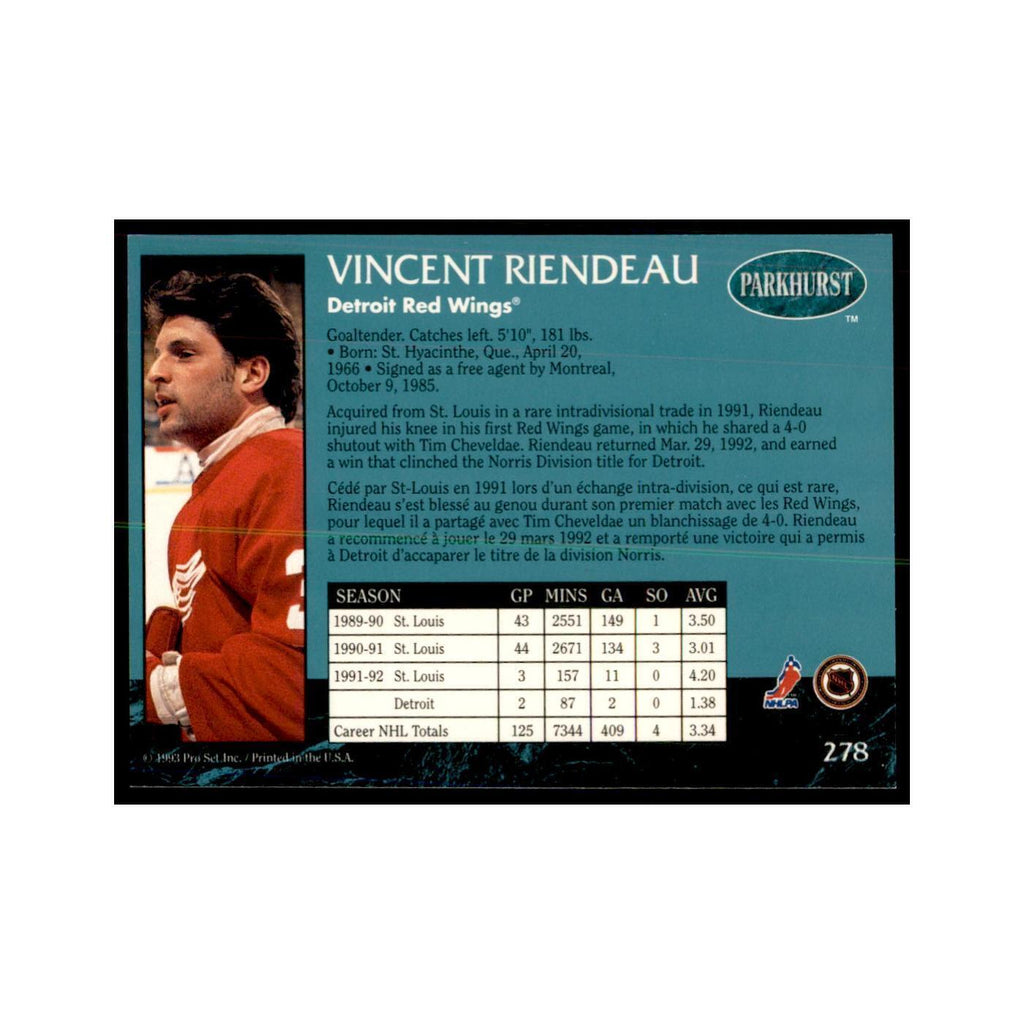 1992 Parkhurst French Vincent Riendeau Hockey Cards #278