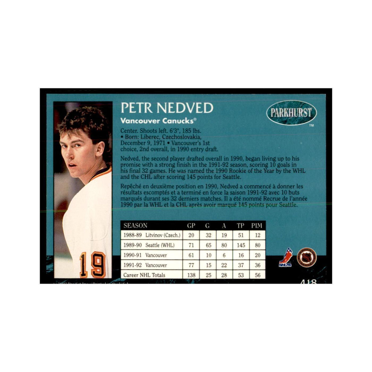 1992 Parkhurst French Petr Nedved Hockey Cards #418
