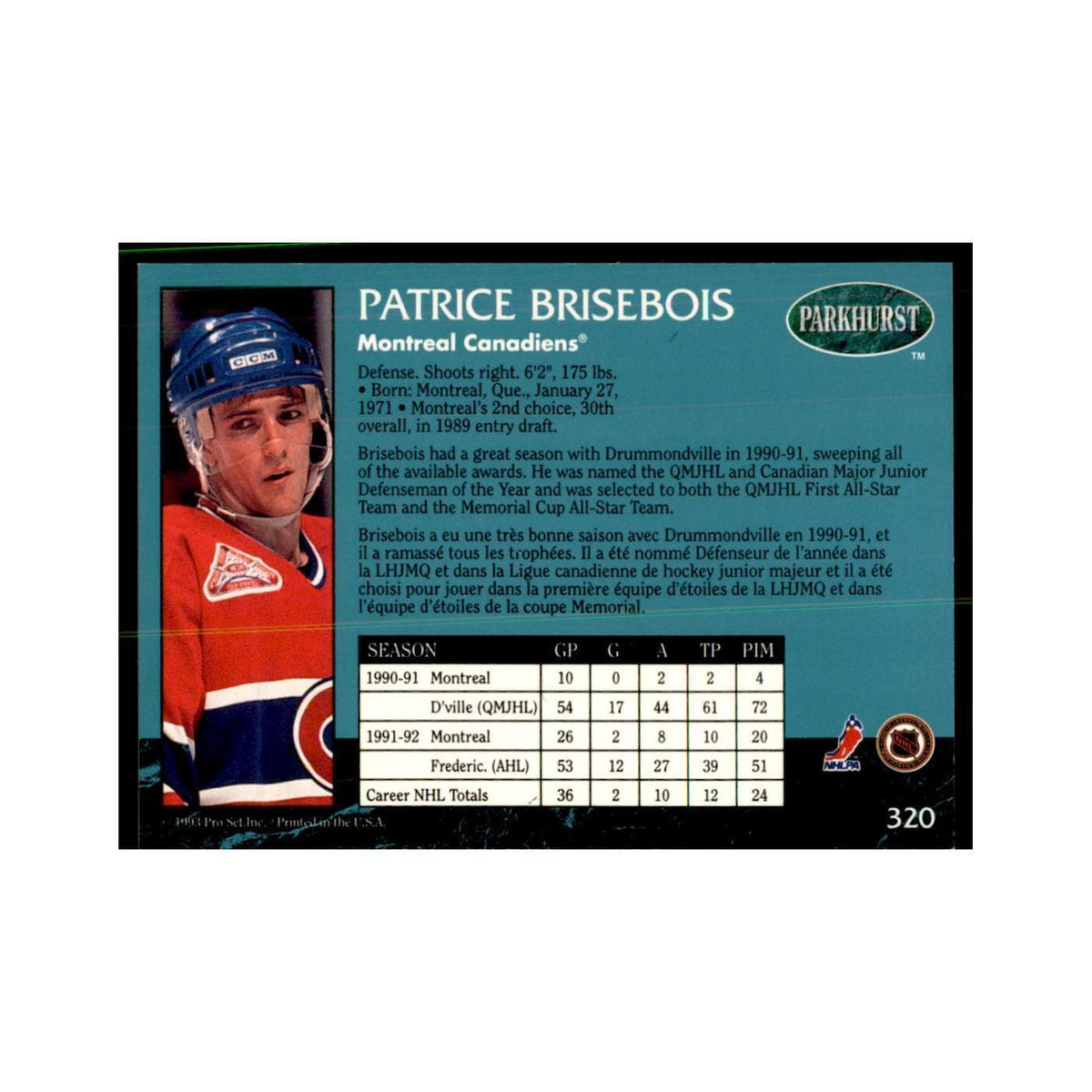 1992 Parkhurst French Patrice Brisebois Hockey Cards #320