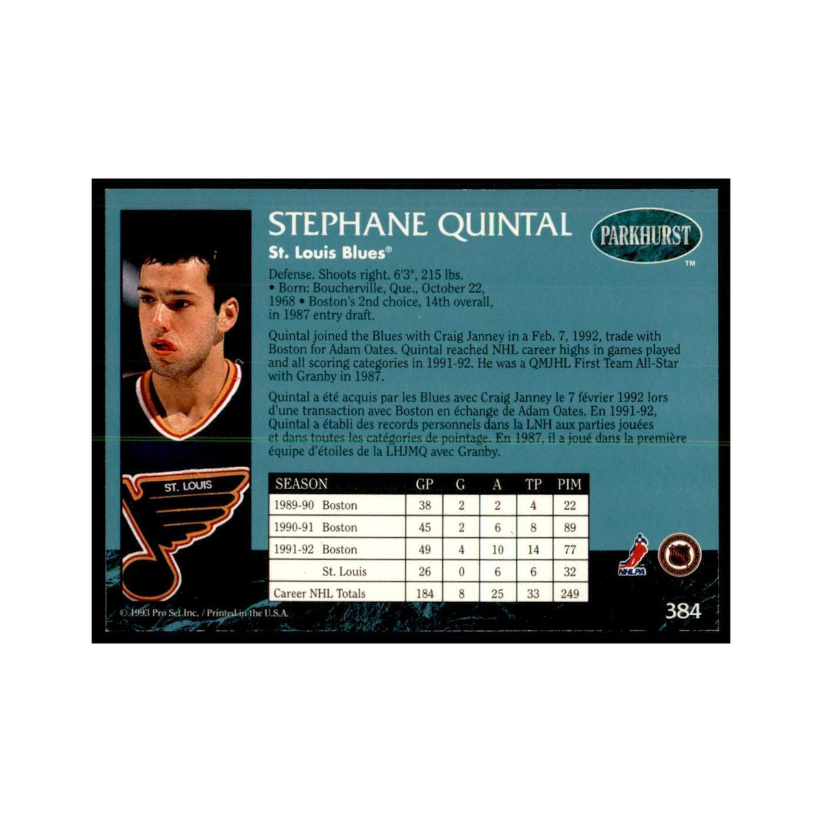 1992 Parkhurst French Stephane Quintal Hockey Cards #384
