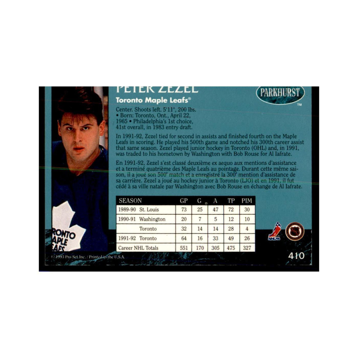 1992 Parkhurst French Peter Zezel Hockey Cards #410