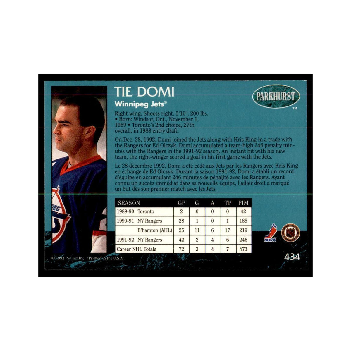 1992 Parkhurst French Tie Domi Hockey Cards #434