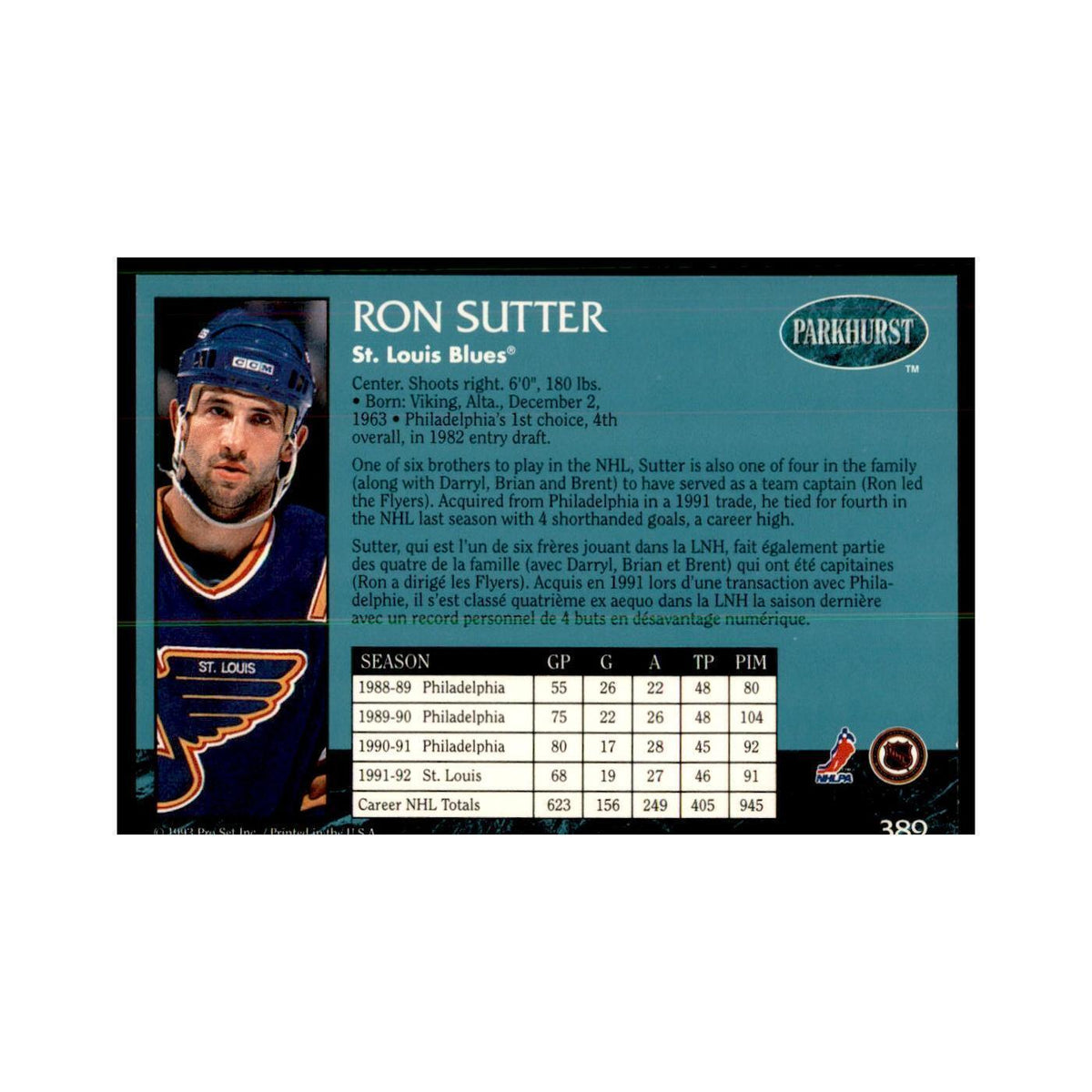 1992 Parkhurst French Ron Sutter Hockey Cards #389