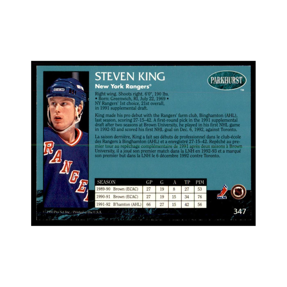 1992 Parkhurst French Steven King Hockey Cards #347