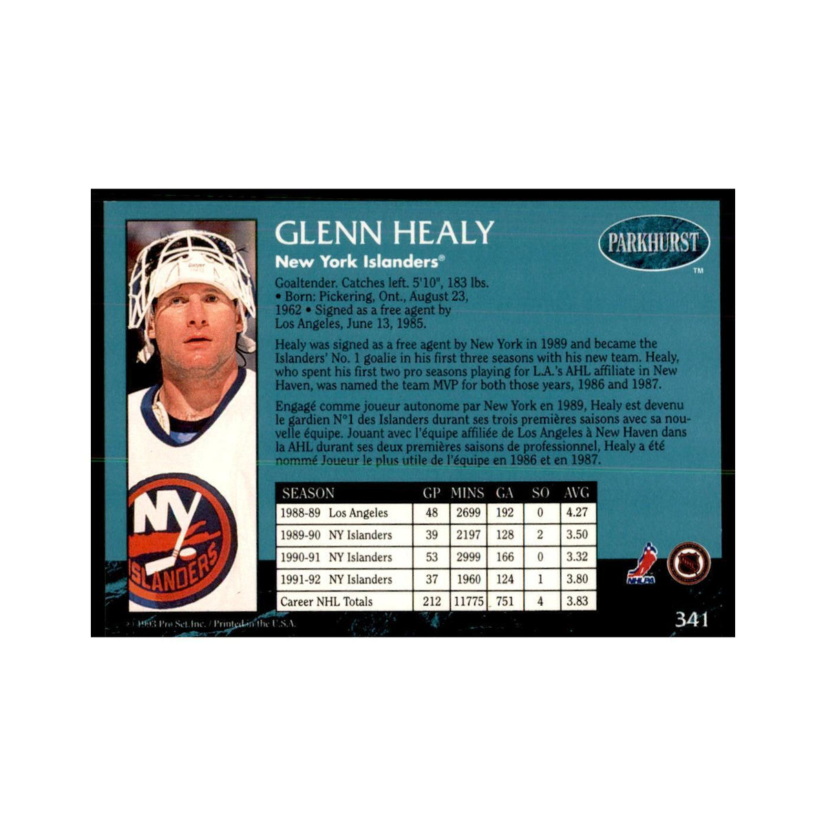 1992 Parkhurst French Glenn Healy Hockey Cards #341