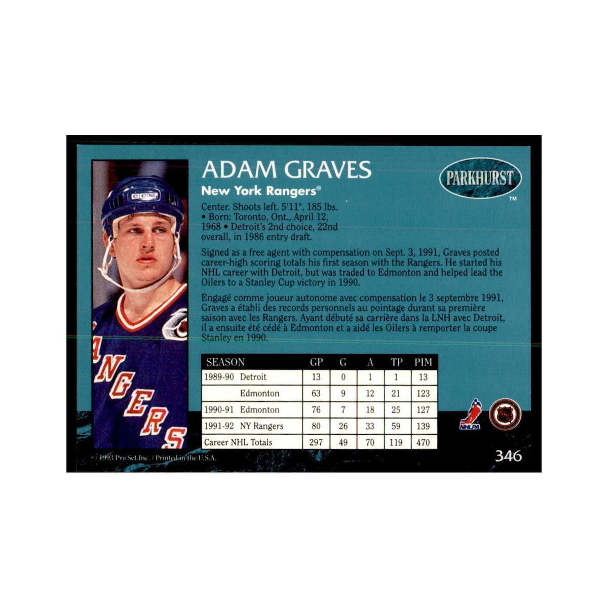 1992 Parkhurst French Adam Graves Hockey Cards #346