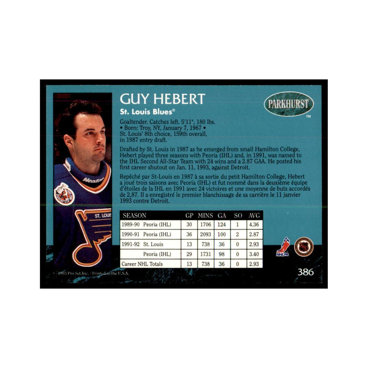 1992 Parkhurst French Guy Hebert Hockey Cards #386