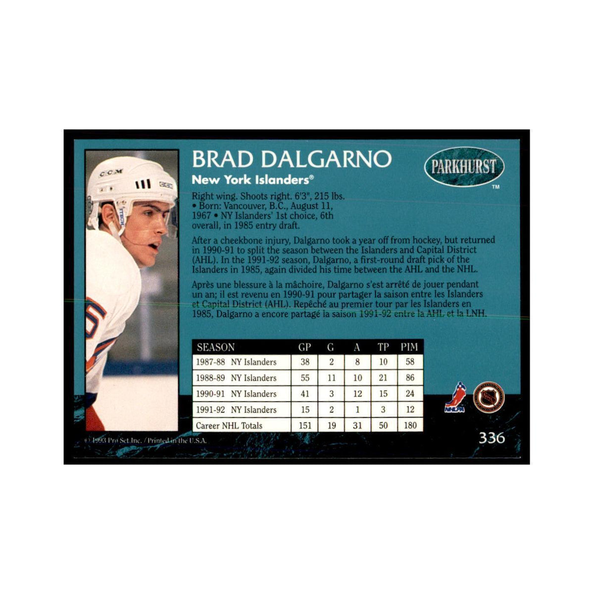 1992 Parkhurst French Brad Dalgarno Hockey Cards #336