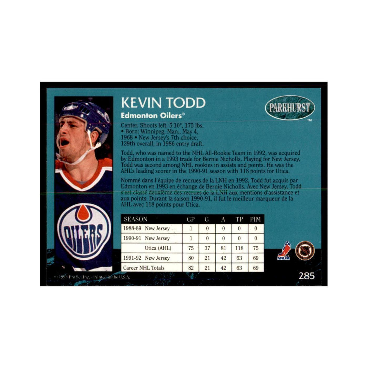 1992 Parkhurst French Kevin Todd Hockey Cards #285