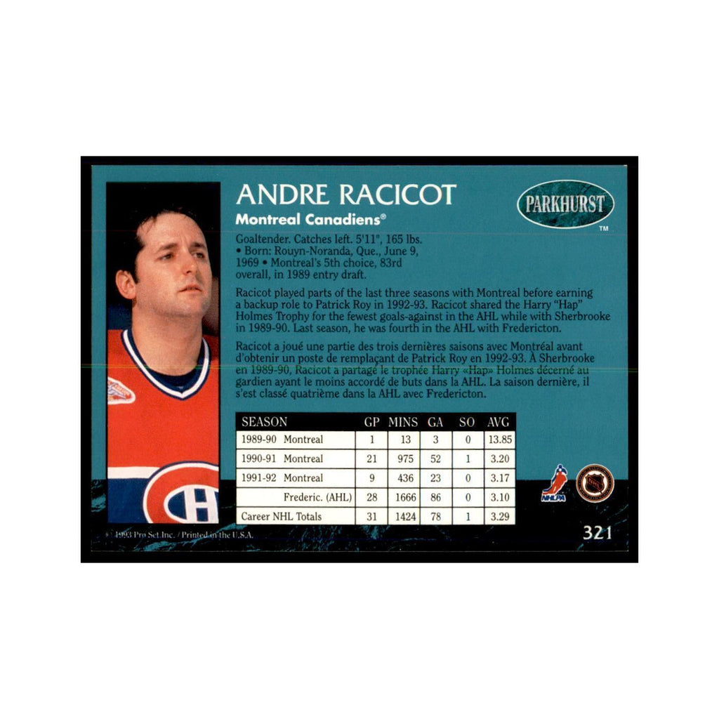 1992 Parkhurst French Andre Racicot Hockey Cards #321