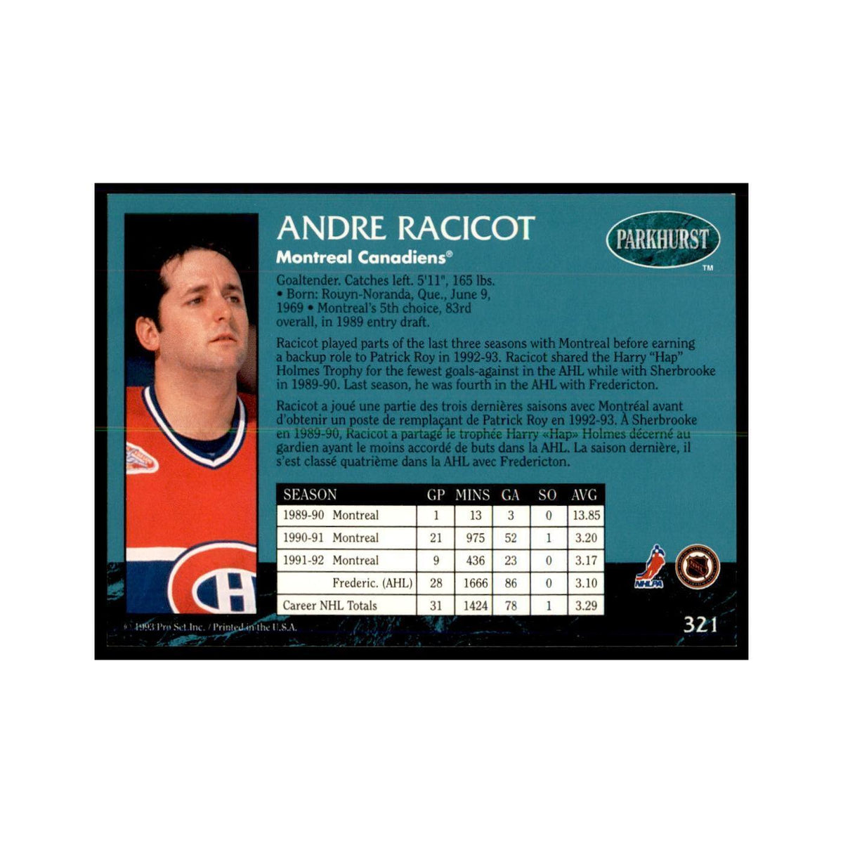 1992 Parkhurst French Andre Racicot Hockey Cards #321