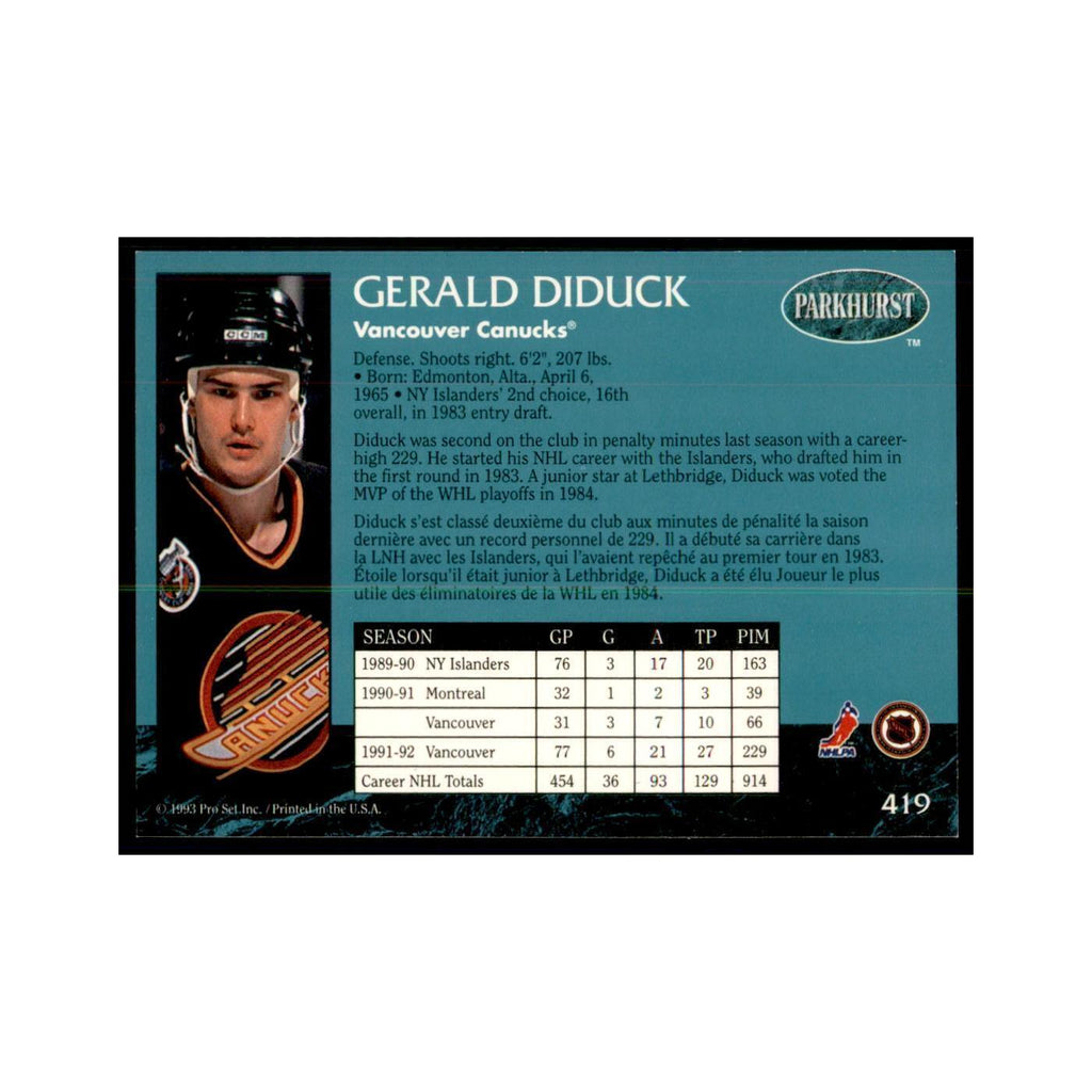 1992 Parkhurst French Gerald Diduck Hockey Cards #419