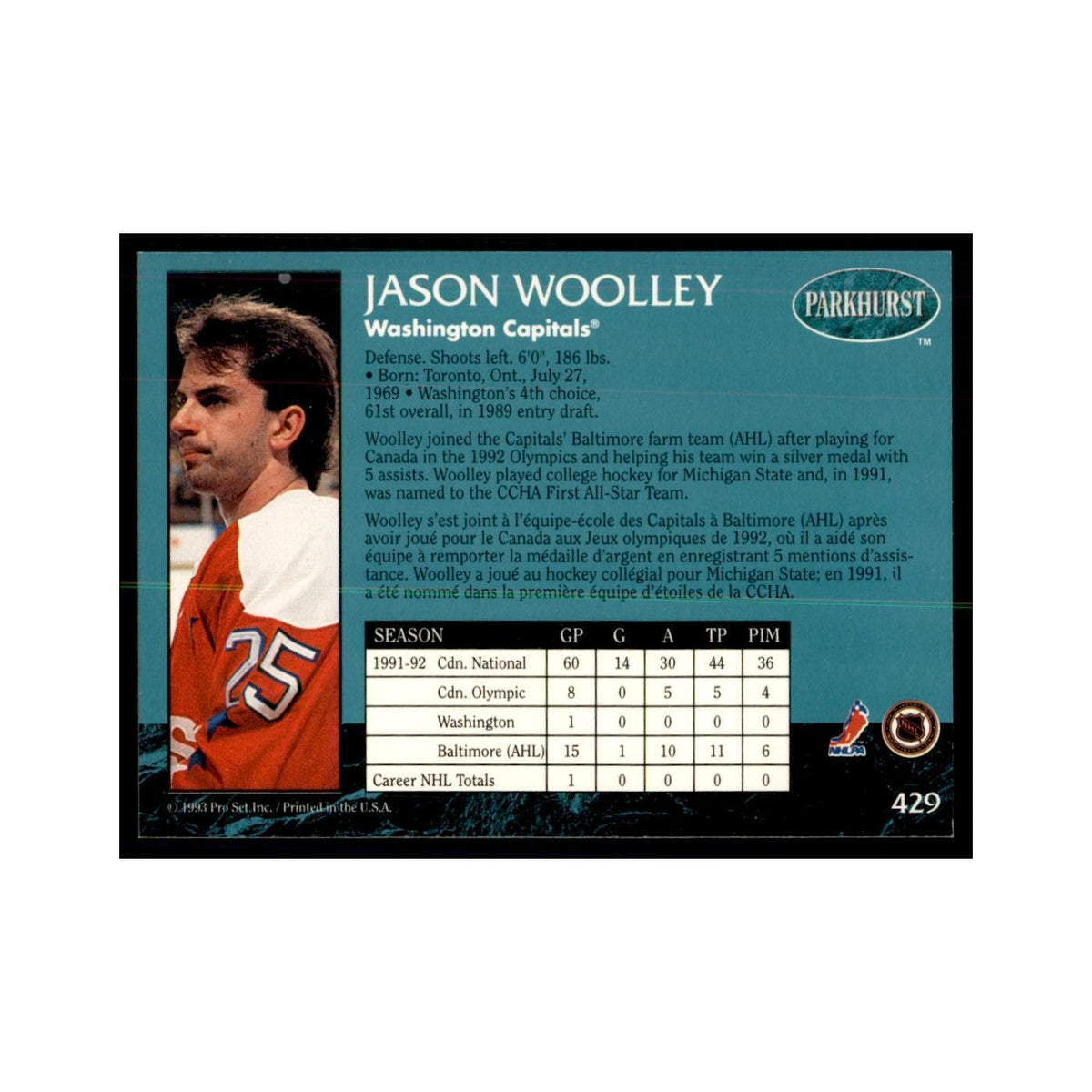 1992 Parkhurst French Jason Woolley Hockey Cards #429