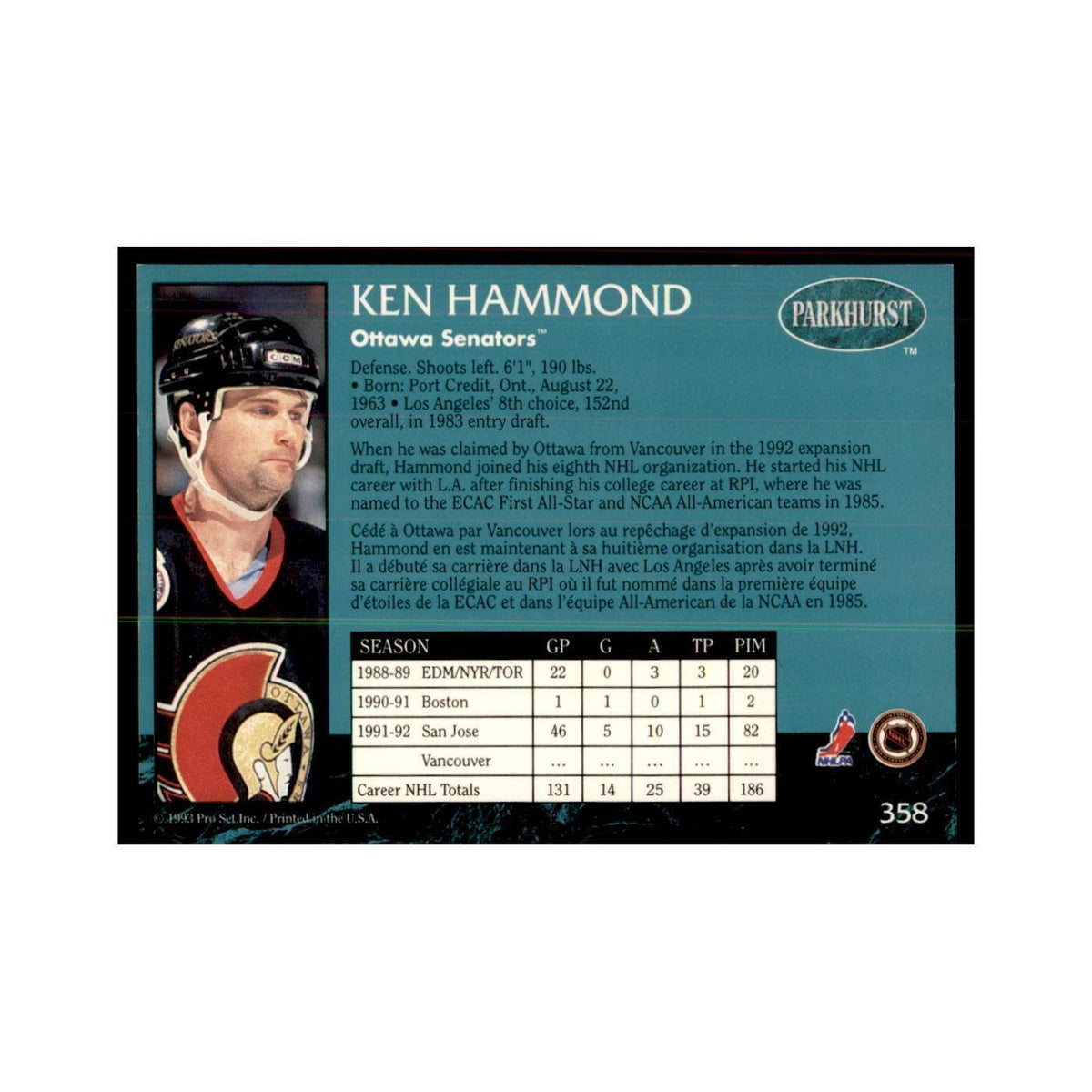 1992 Parkhurst French Ken Hammond Hockey Cards #358