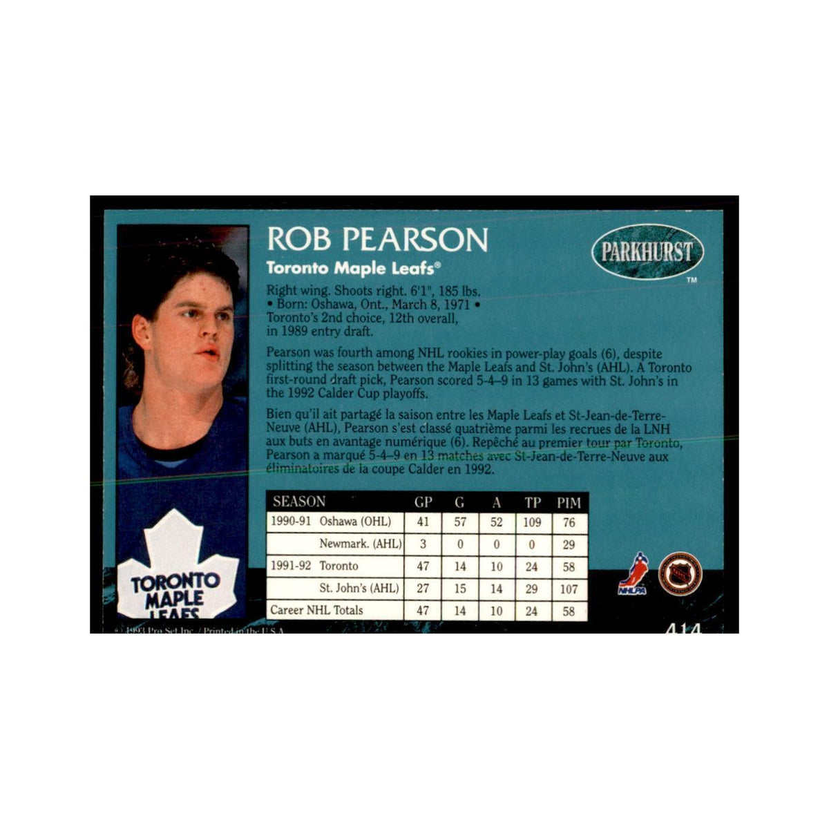 1992 Parkhurst French Rob Pearson Hockey Cards #414