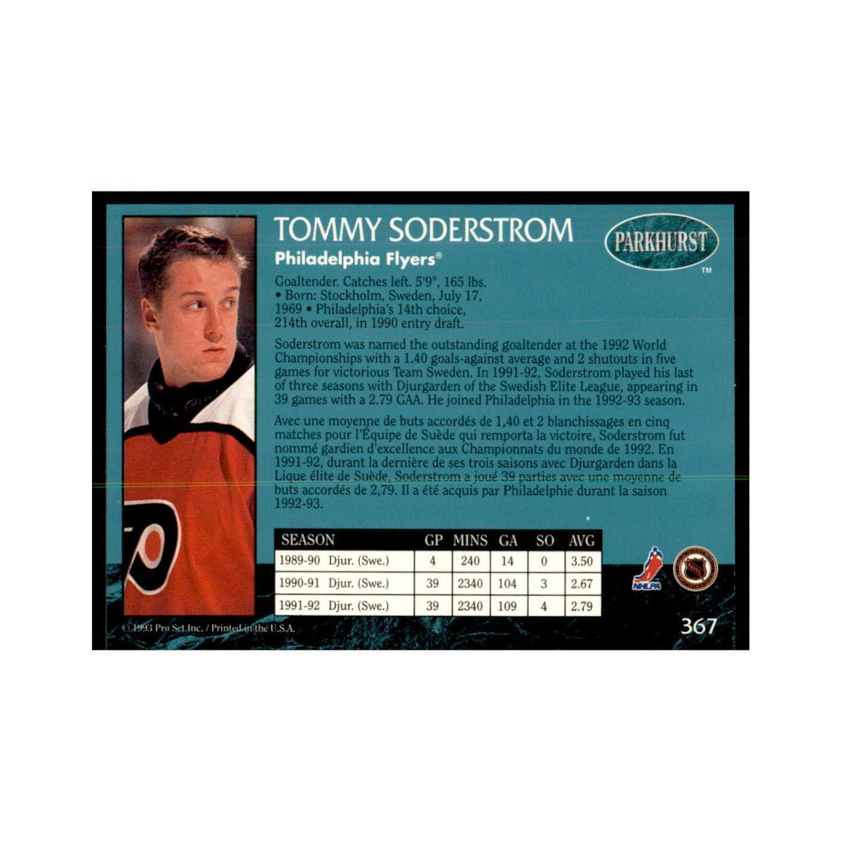 1992 Parkhurst French Tommy Soderstrom Hockey Cards #367