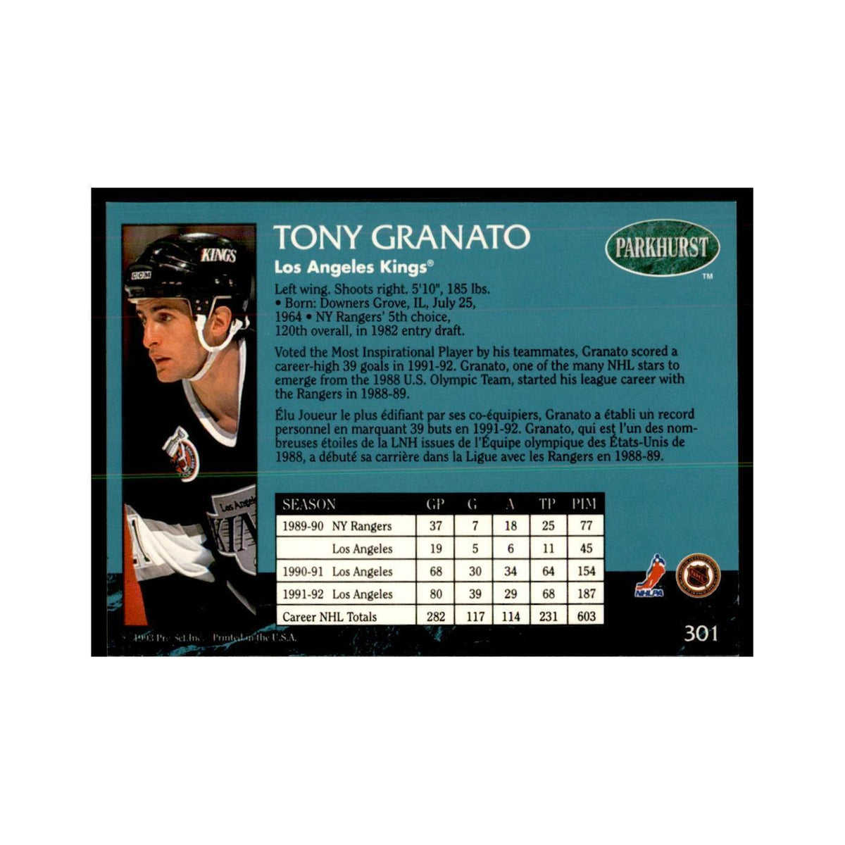 1992 Parkhurst French Tony Granato Hockey Cards #301