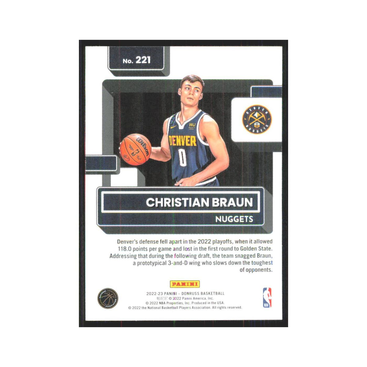 Christian Braun Rookie 2022 Panini Donruss #221 Denver Nuggets NM