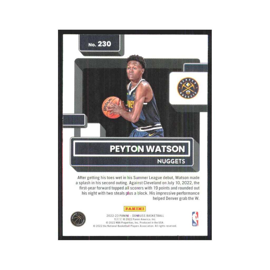 Peyton Watson Rookie 2022 Panini Donruss #230 Denver Nuggets Basketball Card NM